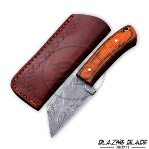 Damascus Steel Orange Hardwood Seax / Sheepsfoot Knife with Sheath | 6787