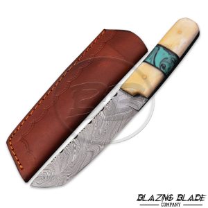 Handmade Damascus Steel Bone and turquoise Resin Japanese Style Tanto Knife with Sheath | 9032