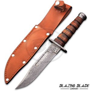 Damascus Steel Kabar Leather handle knife with Leather Sheath | 9150