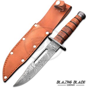 Damascus Steel Kabar Leather handle knife with Leather Sheath | 9151