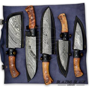 Set of 5 Damascus Steel Olivewood Handle Chef Knives Set with Sheath | Cover | Kitchen Knives Set | 102