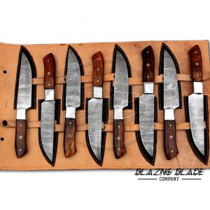 Set of 8 Damascus Steel Rosewood Handle Chef Knives Set with Sheath | Cover | Kitchen Knives Set | 104