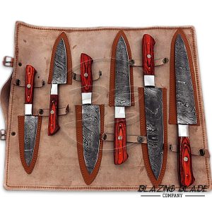 Set of 6 Damascus Steel Red Hardwood Handle Chef Knives Set with Sheath / Cover | Kitchen Knives Set | 105