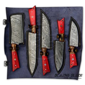 Set of 5 Damascus Steel Red Hardwood Handle Chef Knives Set with Sheath / Cover | Kitchen Knives Set | 106