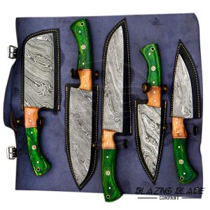 Set of 5 Damascus Steel Green Hardwood Handle Chef Knives Set with Sheath / Cover | Kitchen Knives Set | 107