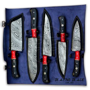 Set of 5 Damascus Steel Black Hardwood Handle Chef Knives Set with Sheath / Cover | Kitchen Knives Set | 109