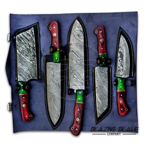 Set of 5 Damascus Steel Red Hardwood Handle Chef Knives Set with Sheath / Cover | Kitchen Knives Set | 110