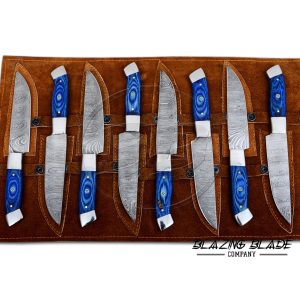 Set of 8 Damascus Steel Blue Hardwood Handle Chef Knives Set with Sheath / Cover | Kitchen Knives Set | 111