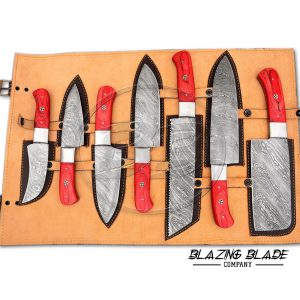 Set of 7 Damascus Steel Red Hardwood Handle Chef Knives Set with Sheath / Cover | Kitchen Knives Set | 112
