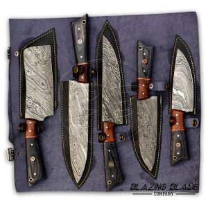 Set of 5 Damascus Steel Black Hardwood Handle Chef Knives Set with Sheath / Cover | Kitchen Knives Set | 113