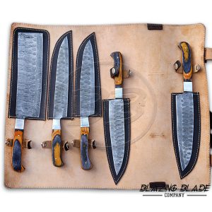 Set of 5 Damascus Steel Black and Yellow Hardwood Handle Chef Knives Set with Sheath / Cover | Kitchen Knives Set | 114