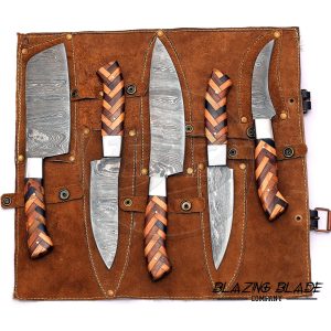 Set of 5 Damascus Steel Rosewood & Olivewood Handle Chef Knives Set with Sheath / Cover | Kitchen Knives Set | 115