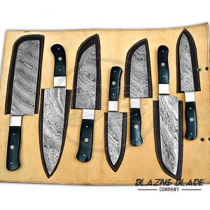 Set of 7 Damascus Steel Horn Handle Chef Knives Set with Sheath / Cover | Kitchen Knives Set | 118