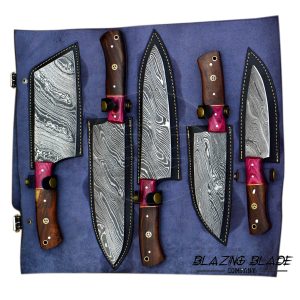 Set of 5 Damascus Steel Rosewood Handle Chef Knives Set with Sheath / Cover | Kitchen Knives Set | 119