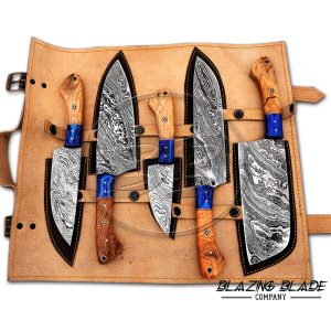 Set of 5 Damascus Steel Olivewood Handle Chef Knives Set with Sheath / Cover | Kitchen Knives Set | 120
