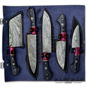 Set of 5 Damascus Steel Black Hardwood Handle Chef Knives Set with Sheath / Cover | Kitchen Knives Set | 121