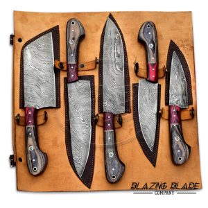 Set of 5 Damascus Steel Black Hardwood Handle Chef Knives Set with Sheath / Cover | Kitchen Knives Set | 122