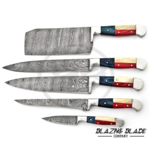 Set of 5 Damascus Steel Chef Knives Set with Sheath / Cover | Kitchen Knives Set | 123
