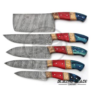Set of 5 Damascus Steel Red and Blue Hardwood Handle Chef Knives Set with Sheath / Cover | Kitchen Knives Set | 124