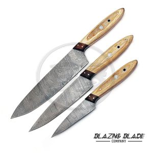 Set of 3 Damascus Steel Hardwood Handle Chef Knives Set with Sheath / Cover | Kitchen Knives Set | 125