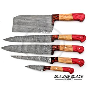 Set of 5 Damascus Steel Olivewood & Hardwood Handle Chef Knives Set with Sheath / Cover | Kitchen Knives Set | 127