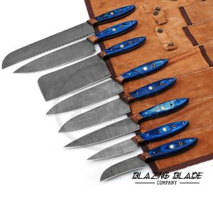 Set of 8 Damascus Steel Blue Hardwood Handle Chef Knives Set with Sheath / Cover | Kitchen Knives Set | 130