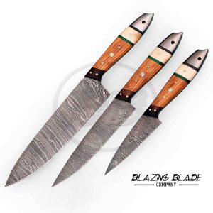 Set of 3 Damascus Steel Olivewood Handle Chef Knives Set with Sheath / Cover | Kitchen Knives Set | 131