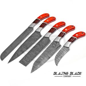 Set of 5 Damascus Steel Red Resin and Hardwood Handle Chef Knives Set with Sheath / Cover | Kitchen Knives Set | 136