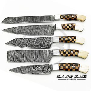 Set of 5 Damascus Steel Olivewood & Rosewood Handle Chef Knives Set with Sheath / Cover | Kitchen Knives Set | 138