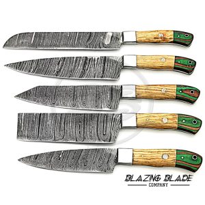 Set of 5 Damascus Steel Olivewood Handle Chef Knives Set with Sheath / Cover | Kitchen Knives Set | 139