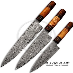 Set of 3 Damascus Steel Olivewood Handle Chef Knives Set with Sheath / Cover | Kitchen Knives Set | 145
