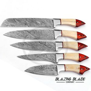 Set of 5 Damascus Steel Bone Handle Chef Knives Set with Sheath / Cover | Kitchen Knives Set | 146