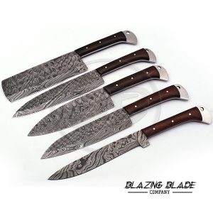 Set of 5 Damascus Steel Rosewood Handle Chef Knives Set with Sheath / Cover | Kitchen Knives Set | 147