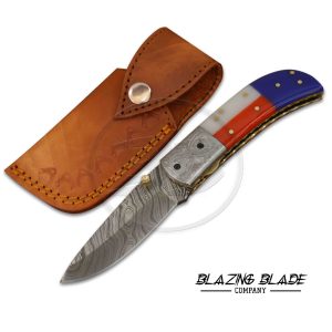 Damascus Steel Taxes Flag Handle Liner Lock Folding Knife with Sheath | 3946