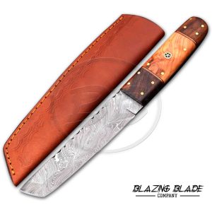 Damascus Steel Rosewood and Olivewood Japanese Style Tanto Knife with Sheath | 9033