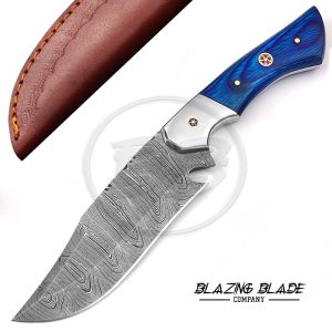 Damascus Steel Blue Hardwood Handle Bushcraft Knife with Sheath | 3001