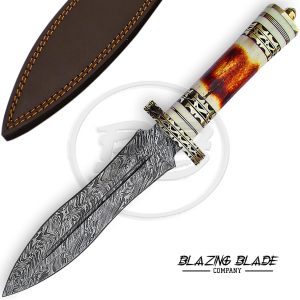 Damascus Steel Camel Bone Handle Hunting Knife with Sheath | 3501