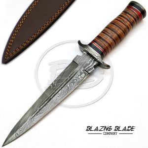 Damascus Steel Leather Handle Hunting Knife with Sheath | 3502