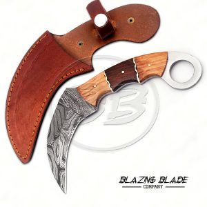 Damascus Steel Rosewood & Olivewood Handle Karambit Knife with Sheath | 3008