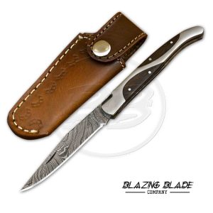 Damascus Steel Rosewood Handle Thumb Opening Folding Knife with Sheath | 1043