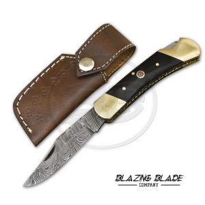 Damascus Steel Buffalo Horn Handle Back Lock Folding Knife with Sheath | 1263