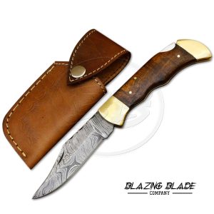 Damascus Steel Rosewood Handle Back Lock Folding Knife with Sheath | 1392
