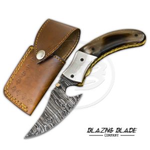Damascus Steel Buffalo Horn Handle Liner Lock Folding Knife with Sheath | 536