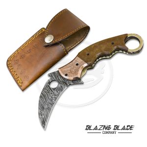 Damascus Steel Brown Resin Handle Liner Lock Karmabit Folding Knife with Sheath | 833