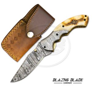Damascus Steel Bone Handle Liner Lock Folding Knife with Sheath | 1145