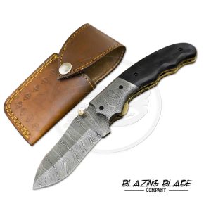 Damascus Steel Buffalo Horn Handle Liner Lock Folding Knife with Sheath | 1146