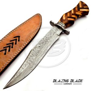 Damascus Steel Wood Handle Bowie Knife with Sheath | 3069
