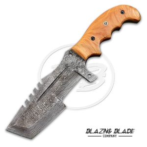 Damascus Steel Olivewood Handle Tanto Tracker Knife with Sheath | 3072
