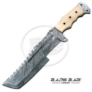 Damascus Steel White Bone Handle Tanto Tracker Knife with Sheath | 3073