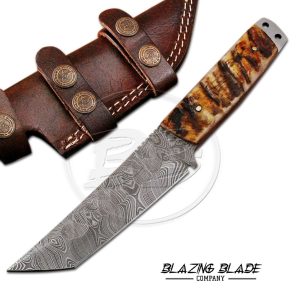 Damascus Steel Ram Horn Handle Japanese Style Tanto Knife with Sheath | 3075